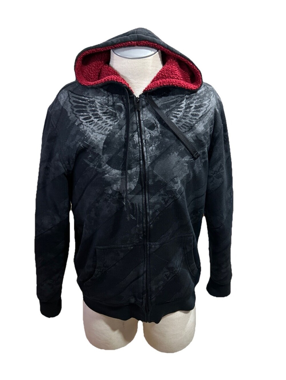No Boundaries Sherpa Hoodie Y2K Skull Black Mens Full Zip M 38-40